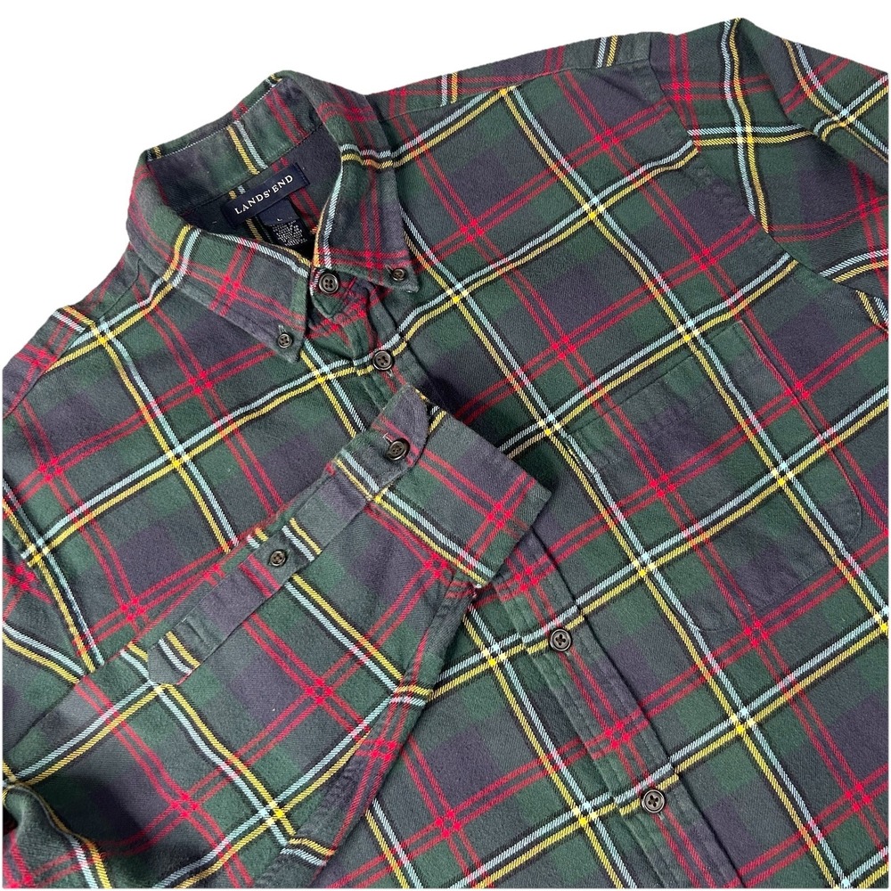 Lands End Plaid Pocket Flannel Shirt Mens L Green Long Sleeve Regular Fit Cotton